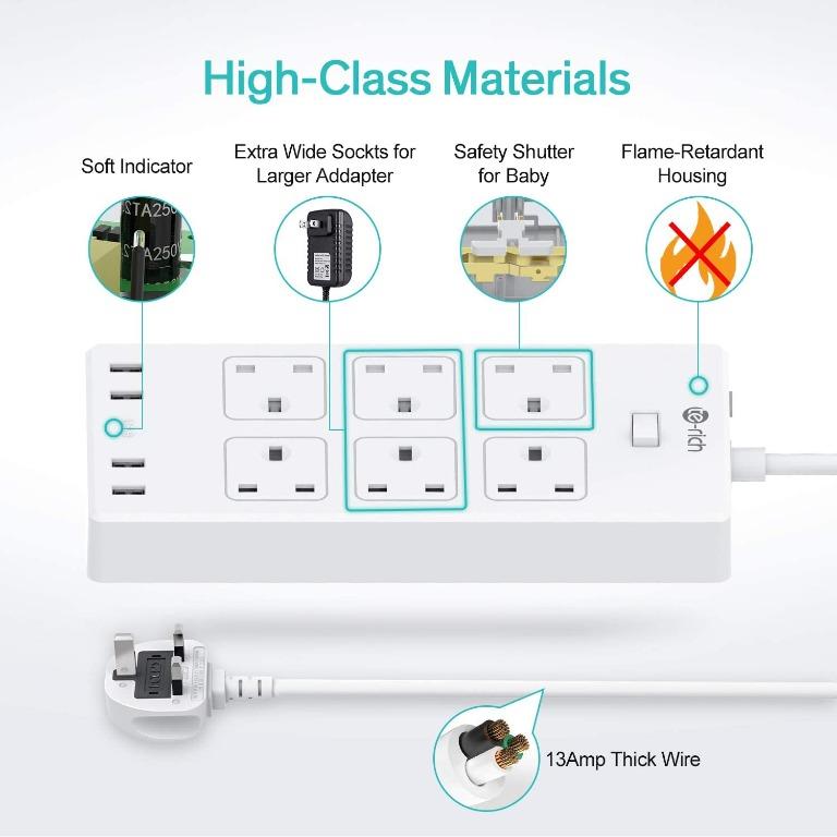 [C5635] Extension Lead, TeRich 6 Gang Power Strip with 4 USB Slots(3