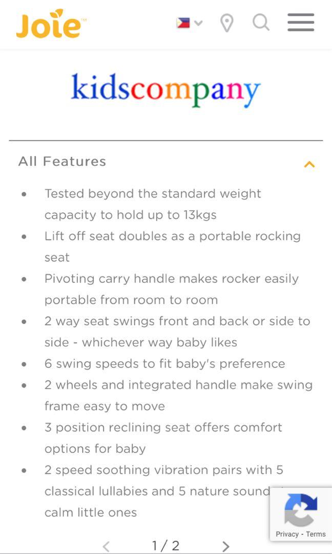 RUSH!! Joie Serina 2in1 Swing Rocker (Category: Other Kids Furniture) located in San Pedro. Submitted by iamvans01 (Listing ID 1149706102, Image 3). Description: Pm me for video. Rarely used Features Colour: In The Rain Suitable from birth to 13kg (approx. 6-9mths) Lift off swing seat doubles as a portable rocking seat Pivoting carry handle 2 way seat swings front to back or side to side 6 swing speeds 2 wheels and integrated handle 3 position re