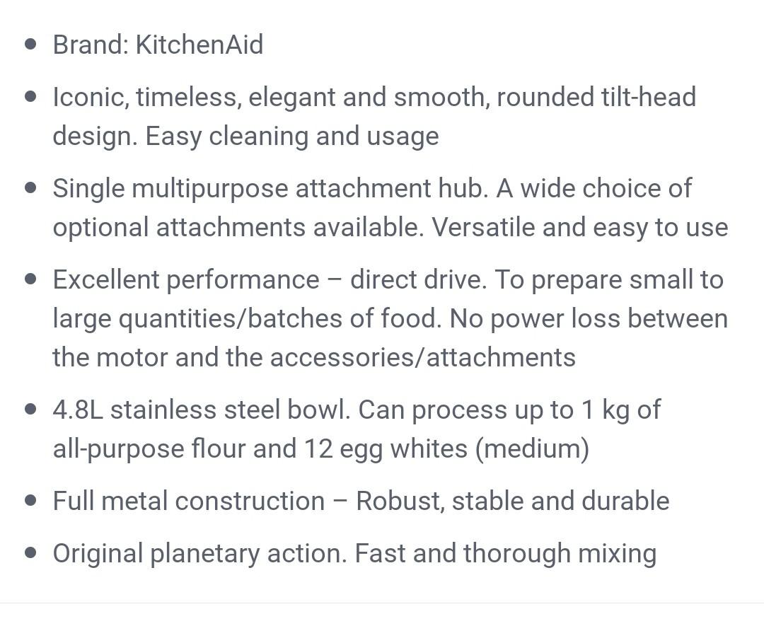 Kitchenaid Artisan Stand Mixer 4.8L KSM125B, TV & Home Appliances