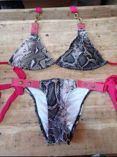 Medium pink snake skin design tie up bikini swimsuit