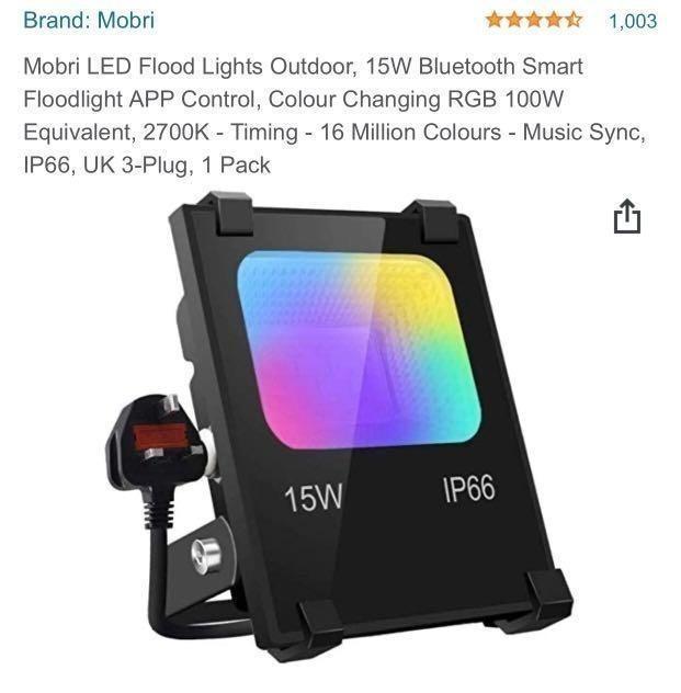 Mobri LED Flood Lights Outdoor, 15W Bluetooth Smart Floodlight APP Control, Colour  Changing RGB 100W Equivalent, 2700K Timing 16 Million Colours Music  Sync, IP66, UK 3-Plug, Pack, Furniture