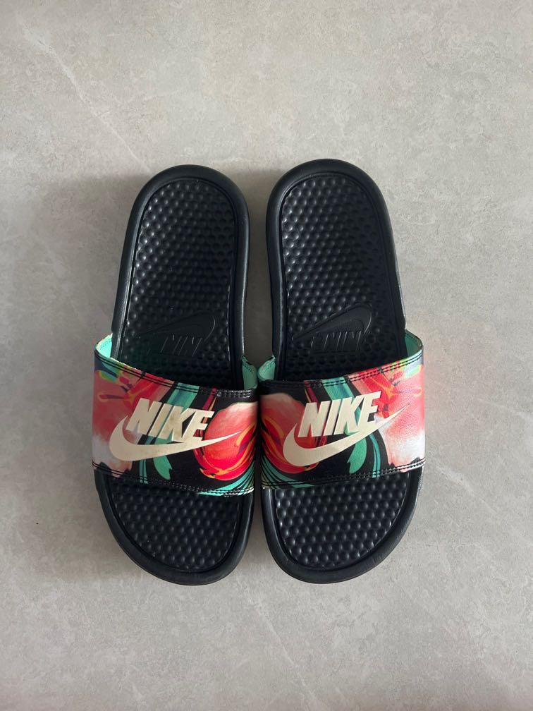 Nike black floral slides hot sale