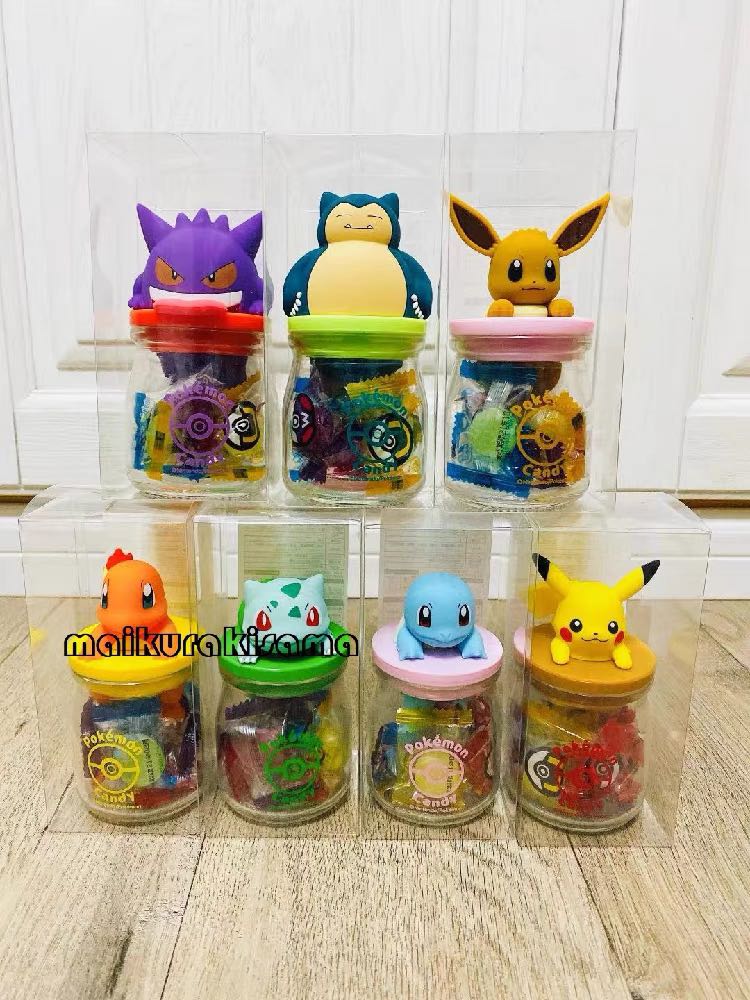 Pokemon Candy Glass Bottle Jar 5 piece Set Pikachu Mimikyu Eevee Snorlax Gengar 