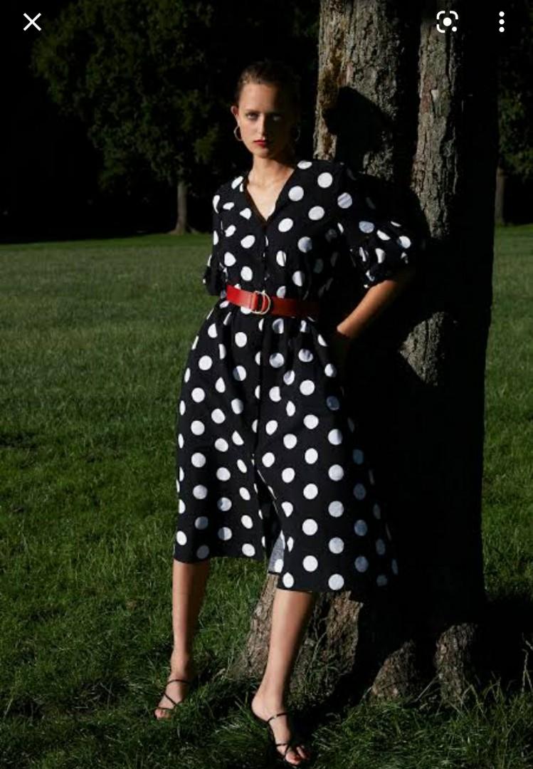 Polka dot dress with sleeve details and belt Women s Fashion