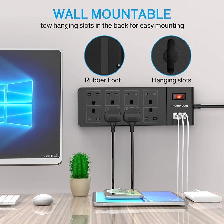 13203) 8 Way Extension Lead 2M, AUOPLUS Multi Plug Extension Lead with