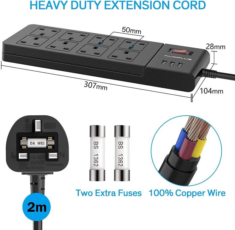 13203) 8 Way Extension Lead 2M, AUOPLUS Multi Plug Extension Lead with