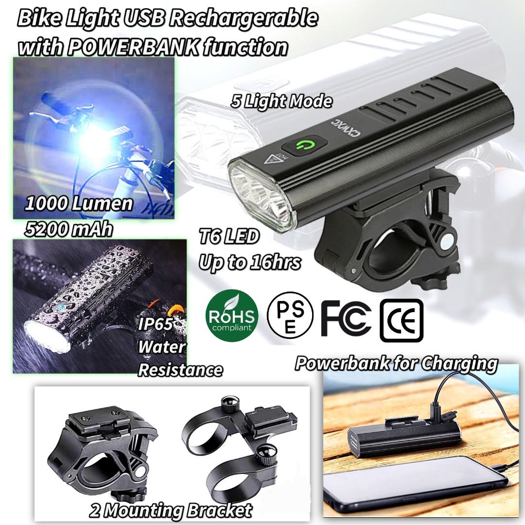 1000 Lumens Bicycle Headlight 5200mAh as Power Bank USB Chargeable Bike Light 