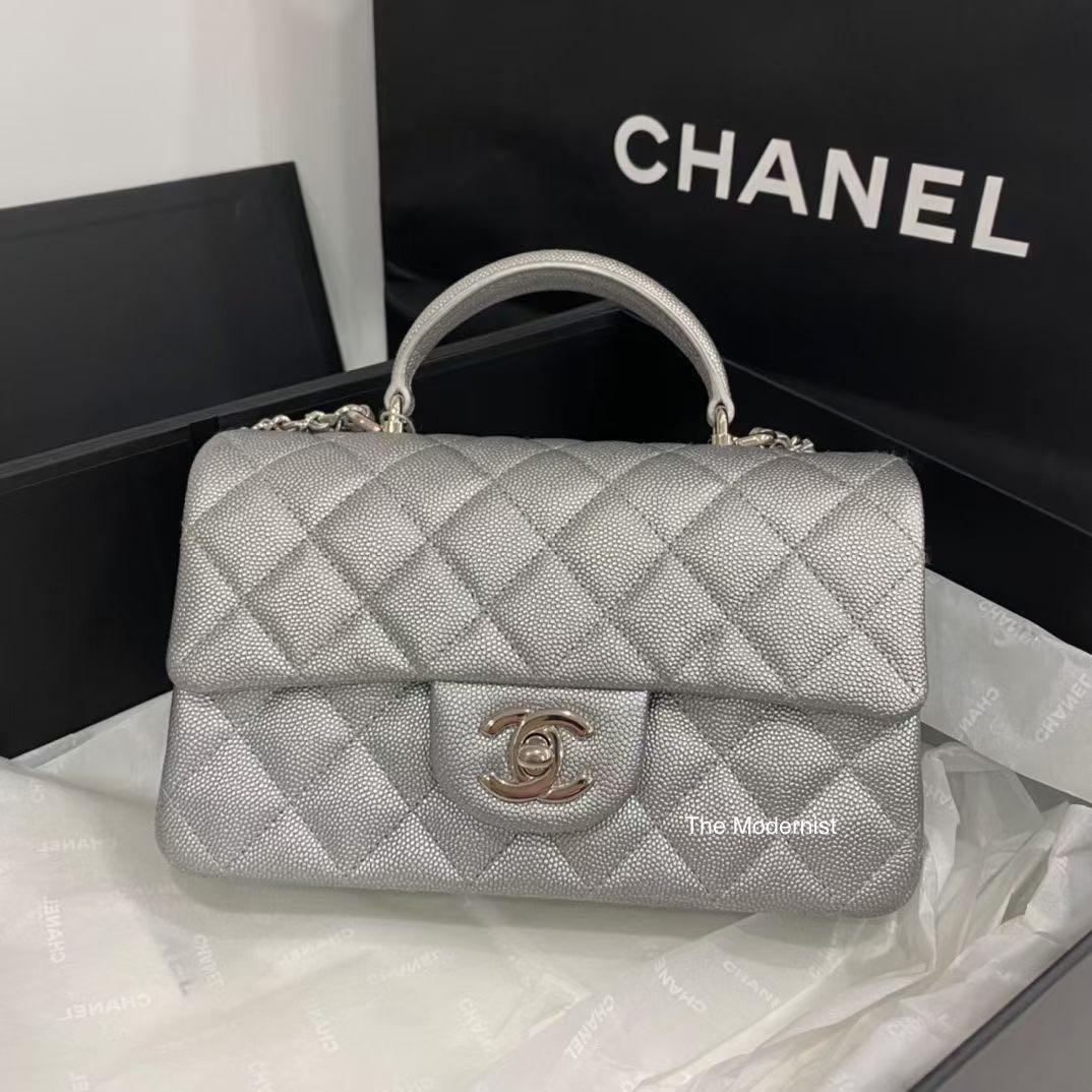 Authentic Chanel Mini Rectangular Flap Bag with Top Handle Silver Caviar  Leather
