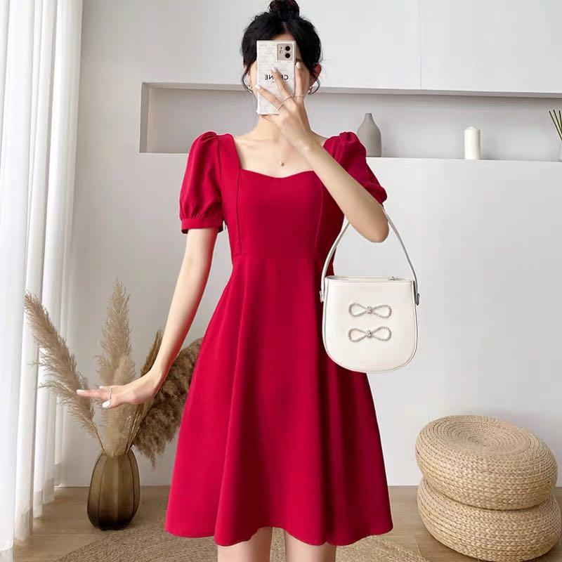 BN French Square Neck Puff Sleeve Dress in red Women s Fashion