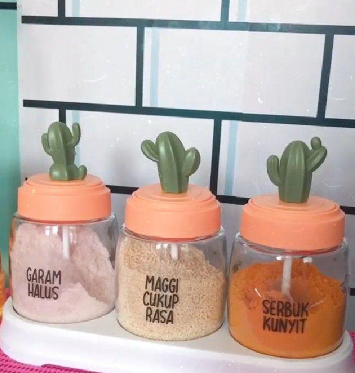 Cute Cactus Kitchen Organiser Condiments Jar with Spoon Set