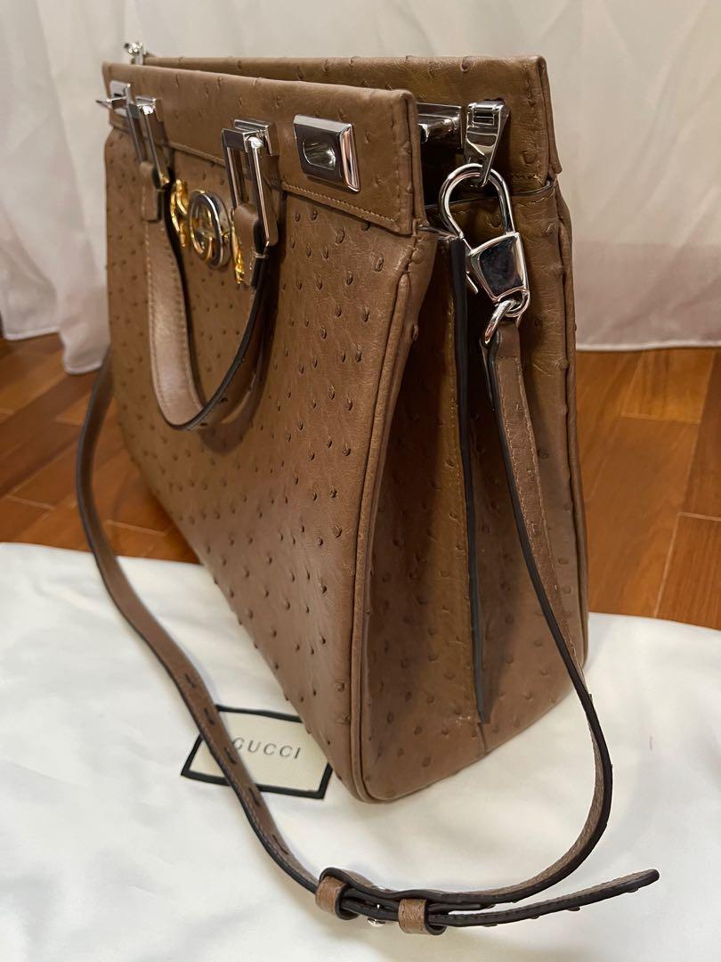 Gucci Zumi Ostrich Medium Acero Brown Top Handle Bag with strap