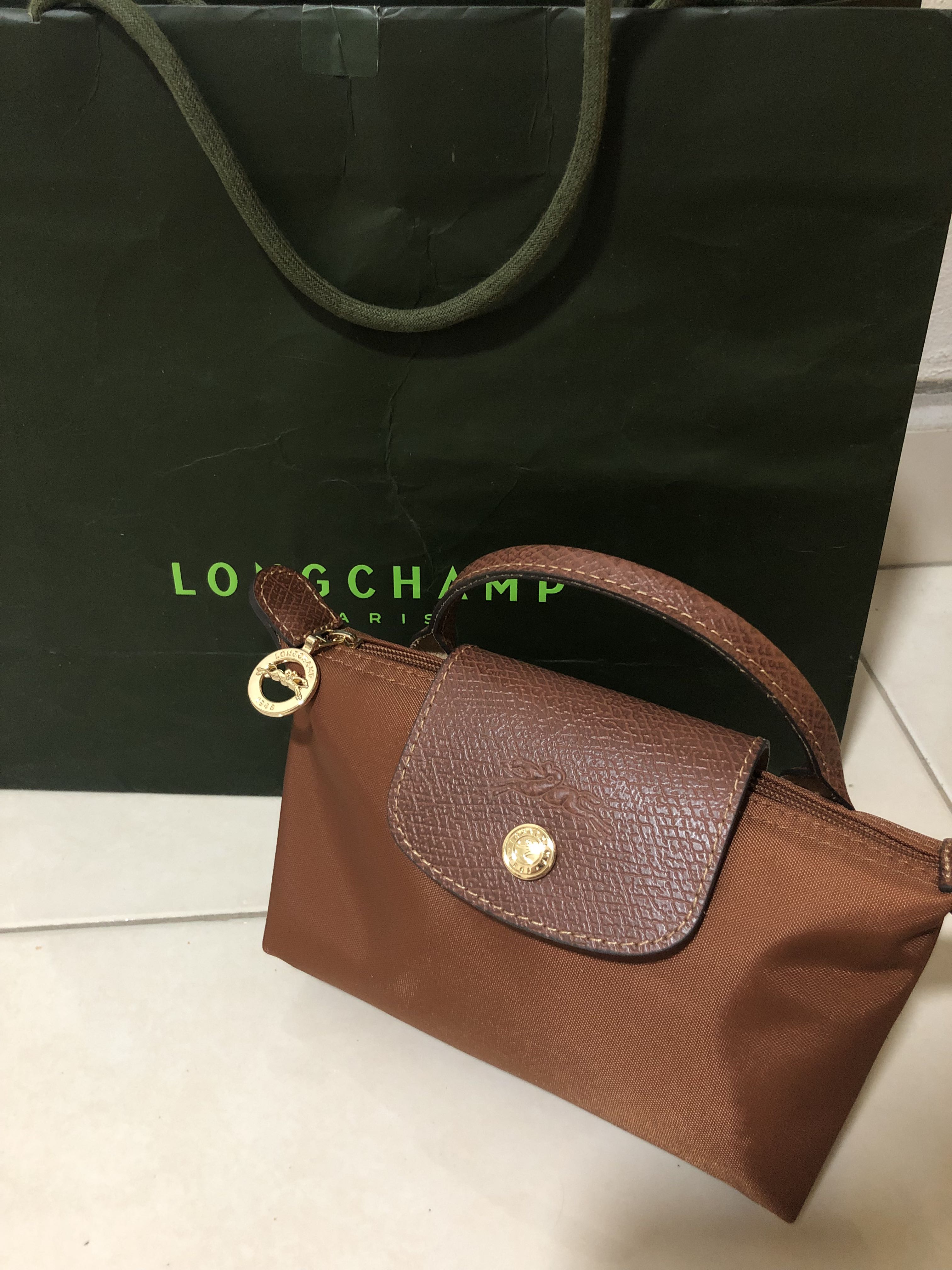 Longchamp Le Pliage Pouch with Handle in Cognac, Luxury, Bags