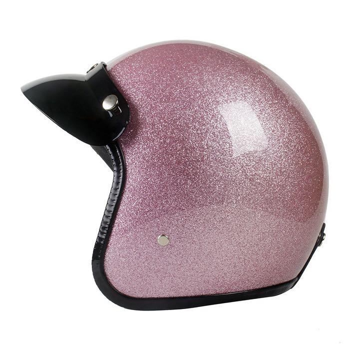 Pink Glitter Motorcycle Helmet Three Button Retro Open Face Vespa Bike