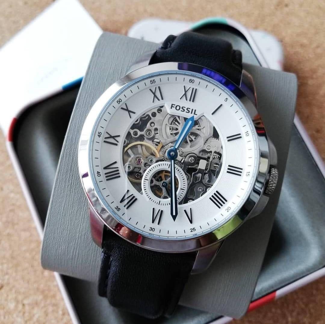 READY STOCK ORIGINAL FOSSIL GRANT AUTOMATIC WHITE DIAL BLACK