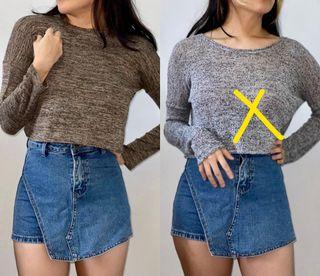 (XS) (M) Knitwear Long Sleeve Crop Top with Open Back (Brown/Grey)