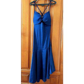 Blue satin asimetris dress / sexy midi