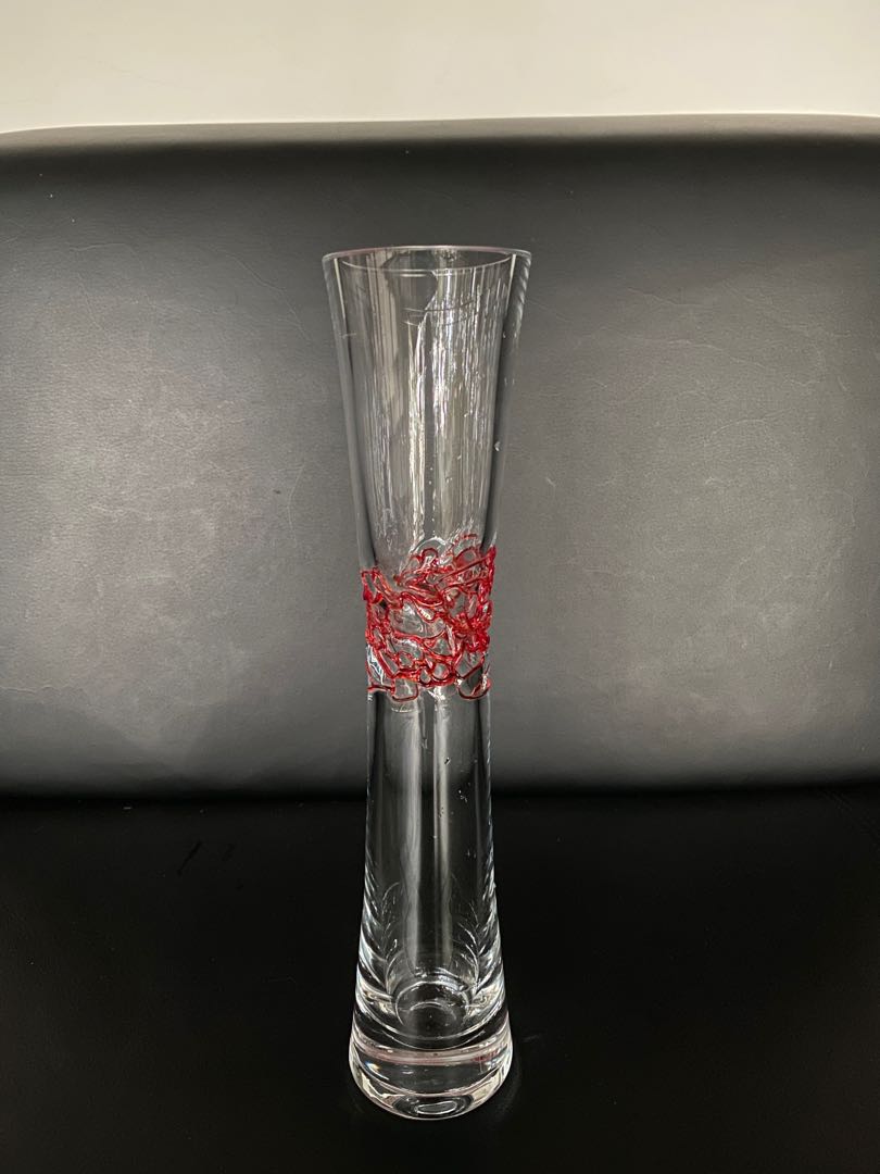 LSA Poland Handmade Glass Vase with 3D Embossed Red Patterns