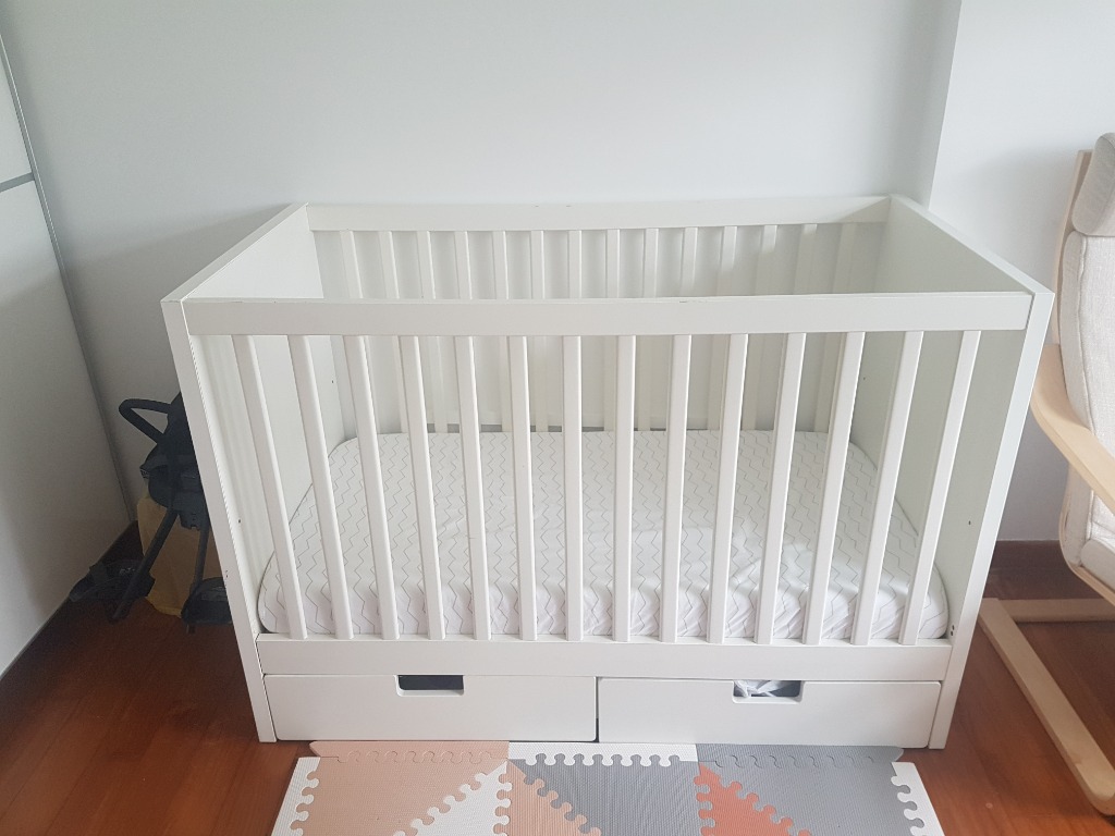 Ikea Baby Adjustable Height cot with drawers + mattress (white), Babies