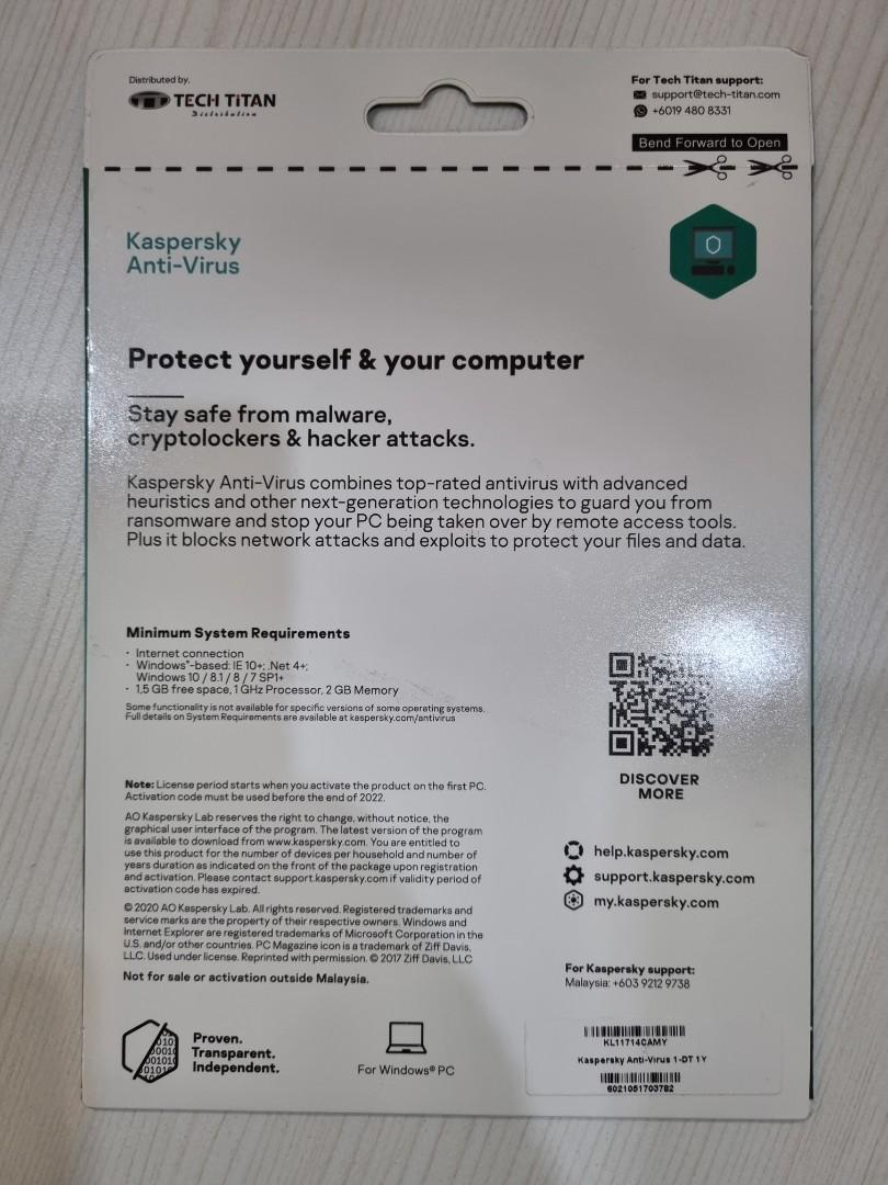 Kaspersky Anti-Virus, 1PC, 1 Year License, Computers & Tech ...