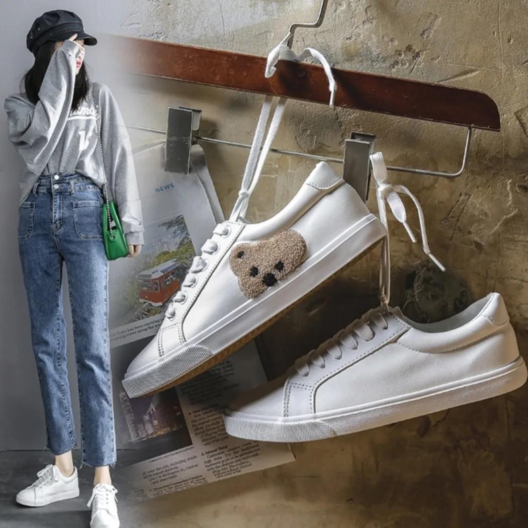 minimalist simple basic plain cute cartoon bear white sneakers