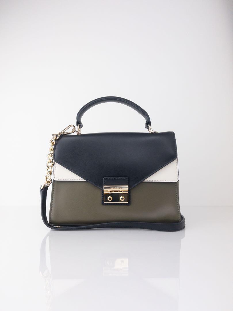 DISCOUNT NEW MICHAEL KORS 30F7GSLS6T SLOAN MEDIUM DOUBLE FLAP TOP HANDLE SATCHEL OLIVE BLACK Women s Fashion Bags Wallets Shoulder Bags on Carousell