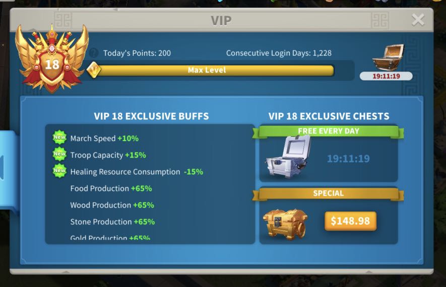 Rise of Kingdoms Account 200M Power, VIP 18, 32 Expertised Legendary