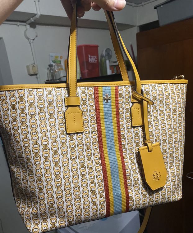 tory burch tb gemini link canvas small tote daylily kuning preloved like  new tas wanita authentic original, Barang Mewah, Tas & Dompet di Carousell