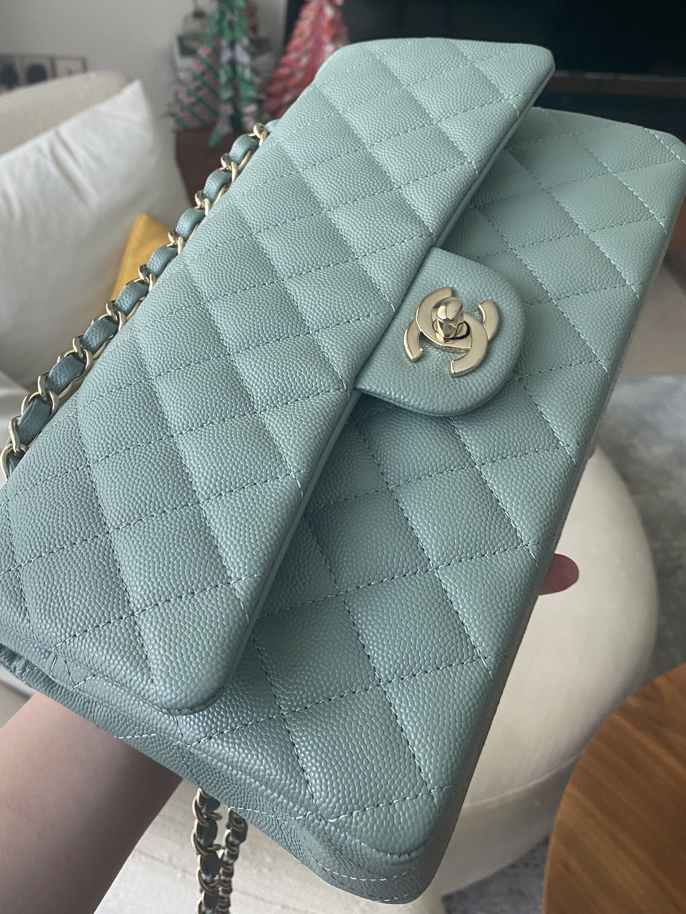 Authentic Chanel 22C green / sea blue / turquoise classic medium flap,  Women's Fashion, Bags & Wallets, Shoulder Bags on Carousell
