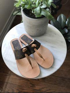 Brand new sandals made with upcycled LV canvas