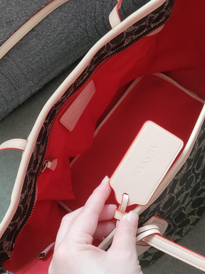 COACH Brown Nude Pink Leather Trim Signature Print Taxi Tote Bag