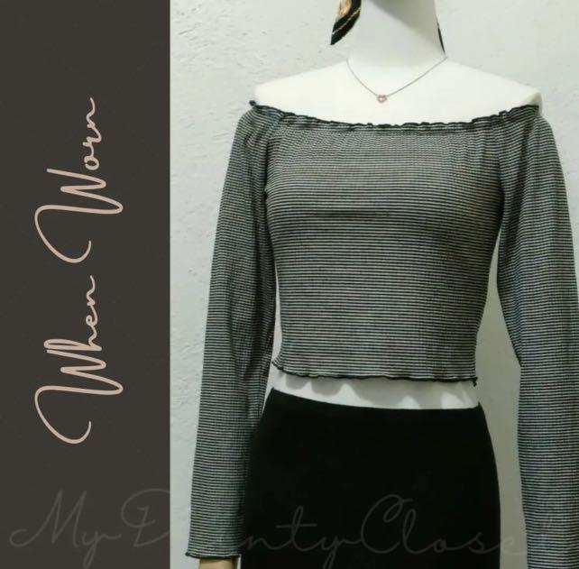 Ghanda Off shoulder Stripes Top (Category: Longsleeves) located in Manila. Submitted by imasupernova (Listing ID 1150099709, Image 2). Description: Brand: Ghanda Can fit S-M Best fits M-L Garterized Other photos grabbed from previous seller RFS: Too big for me on the bust part Payment thru GCash and BPI only Can ship via Shopee Checkout (ShopeePay only).