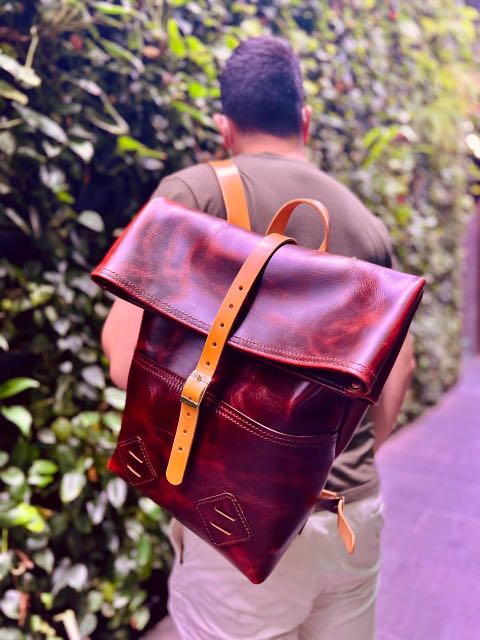Handmade leather roll top backpack Men s Fashion Bags