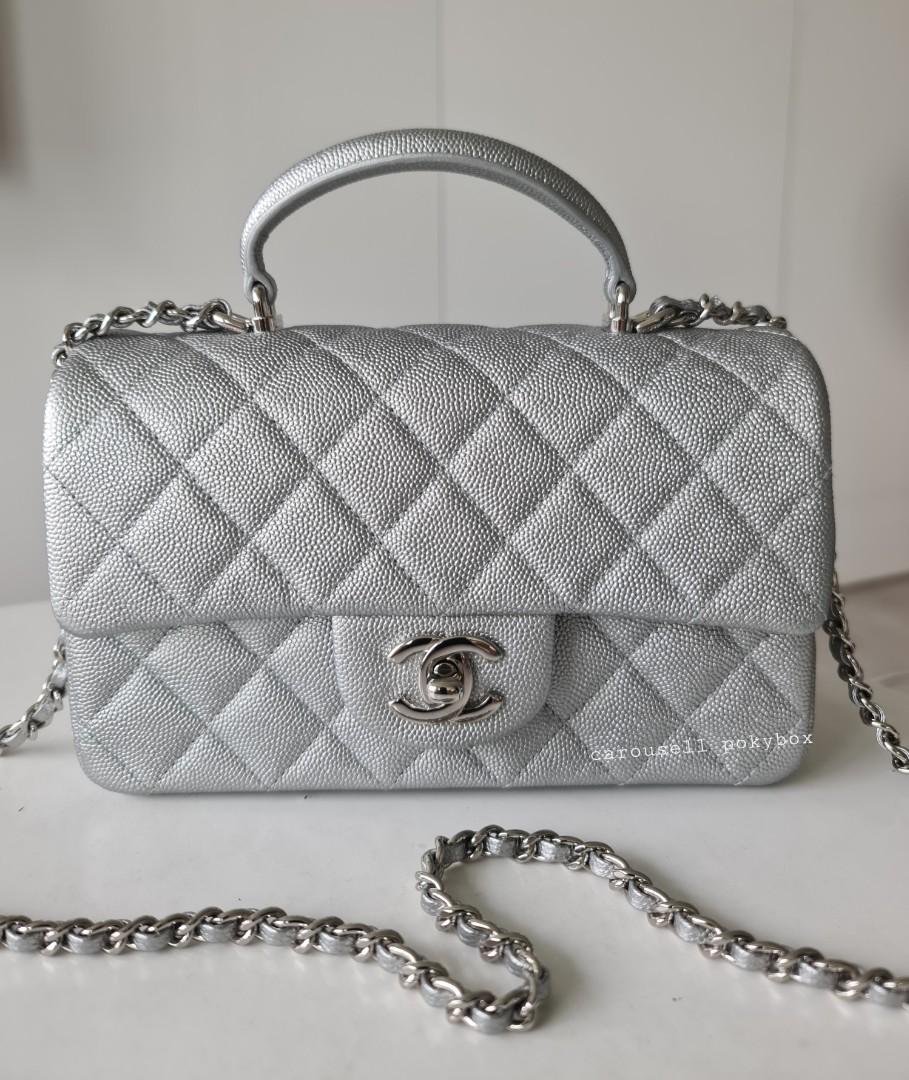 Chanel Top Handle Mini Rectangular Flap Bag Silver Caviar Silver