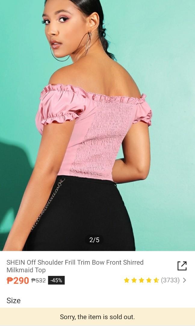 Off shoulder frill trim bow front shirred milkmaid top top