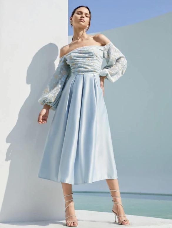 Shein Baby Blue Off Shoulder Floral Lace Satin Dress Gown Women s