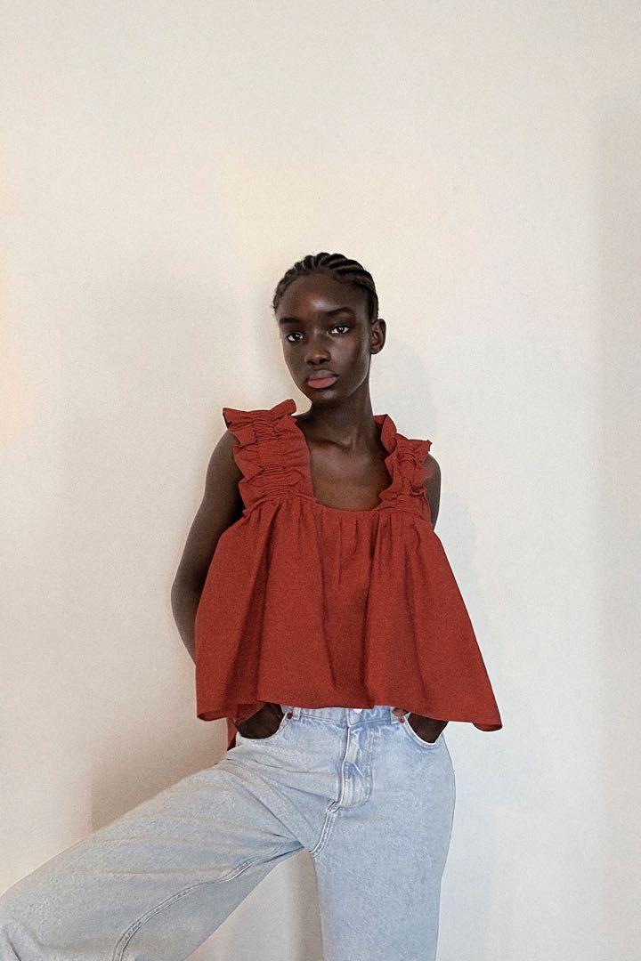 Zara Ruffled Poplin Top, Women's Fashion, Tops, Sleeveless on Carousell