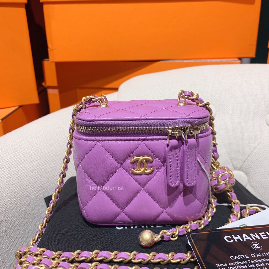 Authentic Chanel Purple Lambskin Mini Square Vanity with Gold Pearl Crush