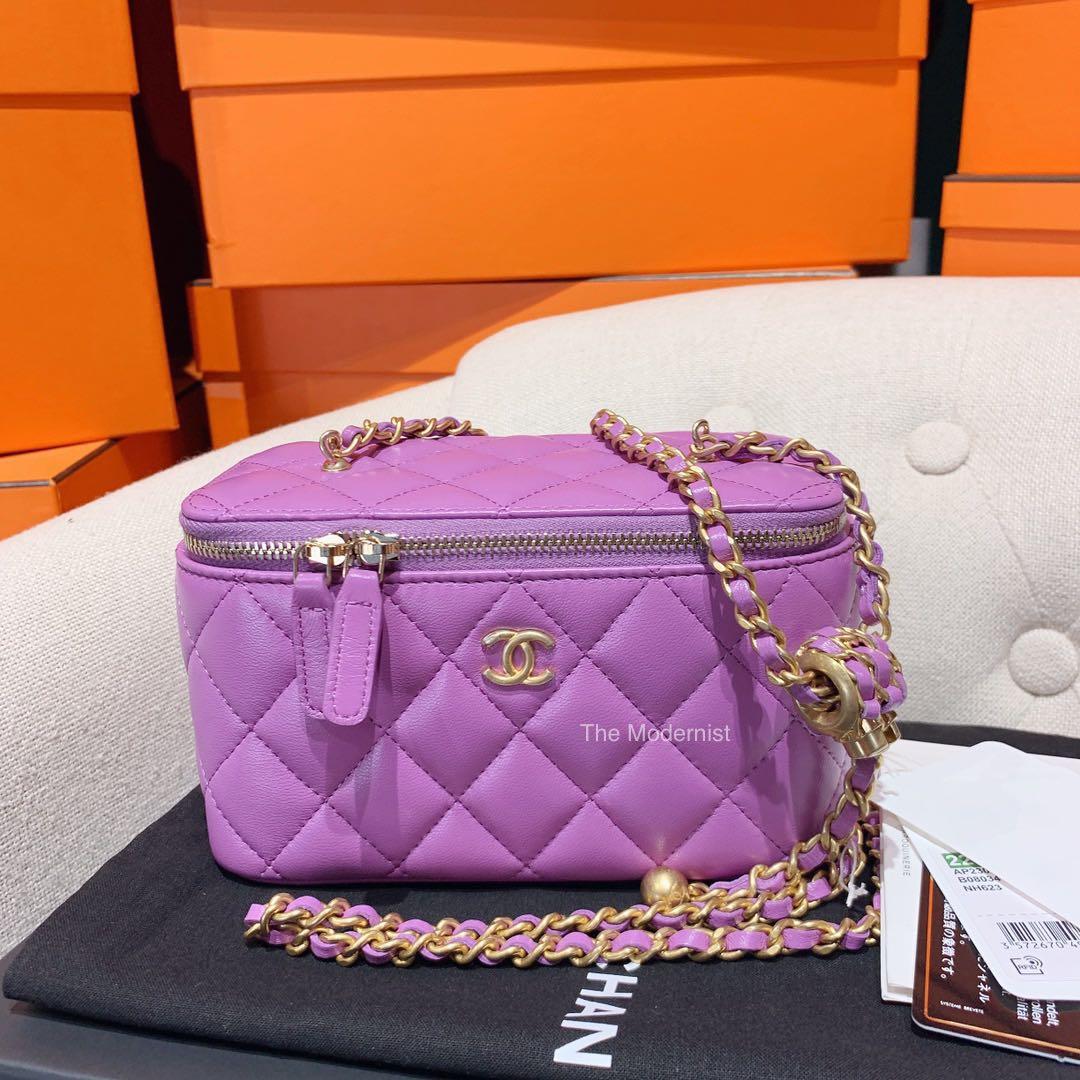Authentic Chanel Purple Lambskin Long Vanity With Chain Gold Pearl Crush