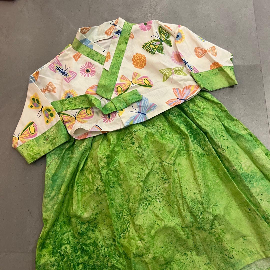 Handmade 100 Cotton Hanbok for girls Green and white w butterflies