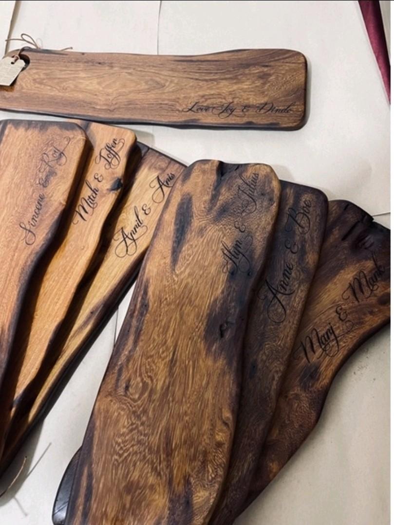 Personalized Rustic Irregular Shape Unique Chopping Board Charcuterie CheeseBoard (Category: Knives & Chopping Boards) located in Pasig City. Submitted by alyssascraftandwoodworx (Listing ID 1150407808, Image 3). Description: Personalized Rustic Irregular Shape Unique Chopping Board Charcuterie Cheese Board ( Free Engrave ) ideal for gift or giveaways in any occasion specially wedding souvenir or personal use . Wooden Chopping board made from 100