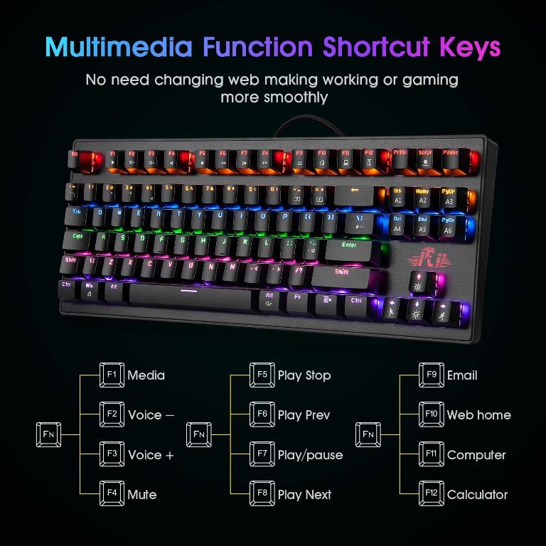 Rii RK908 7 color Mechanical Gaming keyboard 88 Keys LED backlit Wired