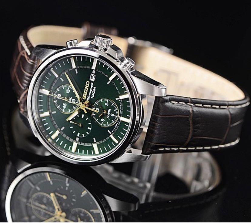 SEIKO 精工時尚皮帶三眼計時(男錶) (綠面) 42mm 防水100米SNAF09P1, 他