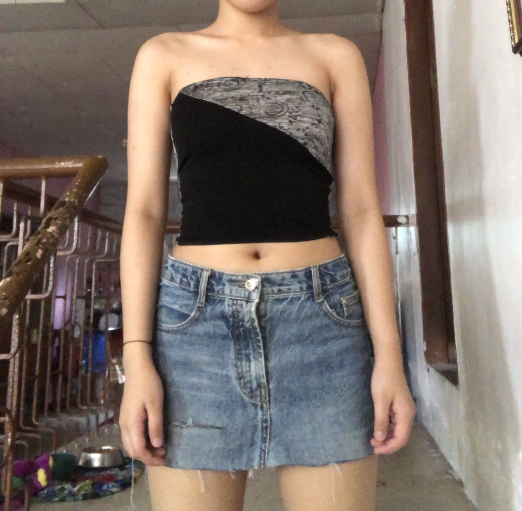 Set mini skirt + tube top black gray tattered coordinates denim y2k