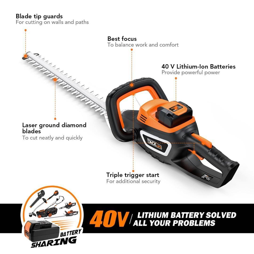 TACKLIFE Cordless Hedge Trimmer with 40V Lithium lon Battery 550