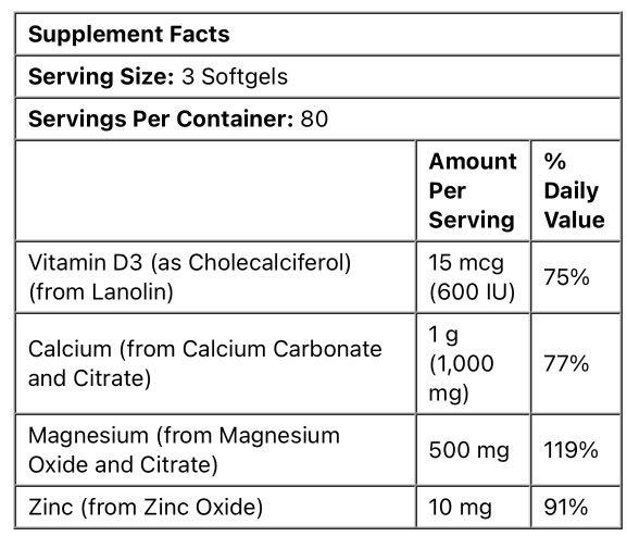 Calcium & Magnesium with Vit D3 and Zinc 240 Softgels NOW brand