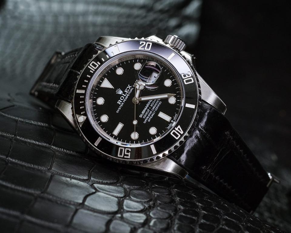 Solitaire 41mm Alligator leather strap for Rolex Submariner w Glidelock Clasp