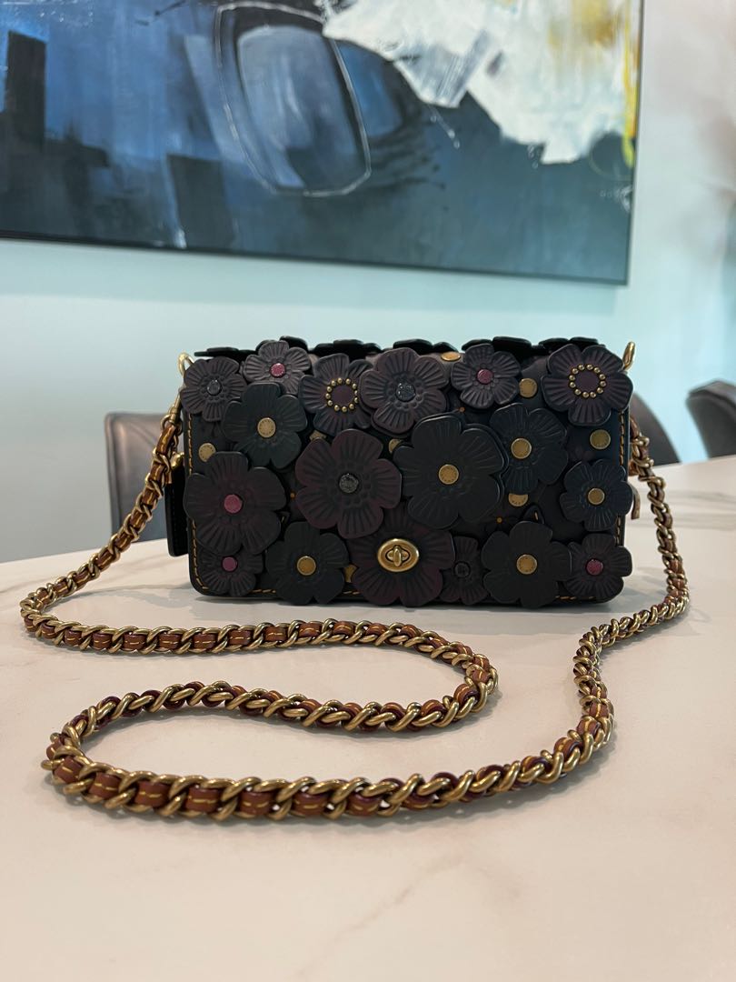 Coach Black Tea Rose Appliqu Dinky Crossbody Bag