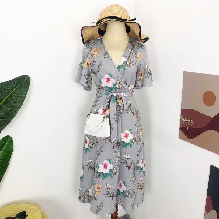 Floral grey dress summer with belt bali 