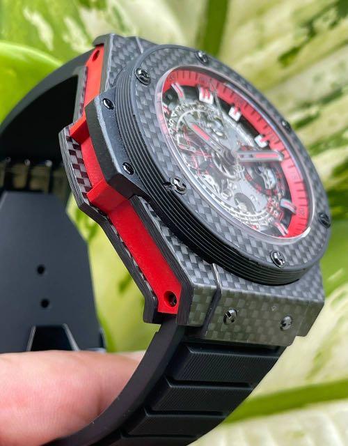 Hublot King Power Unico Black Carbon Red Index 48mm Preowned In House Movement Flyback Chronograph