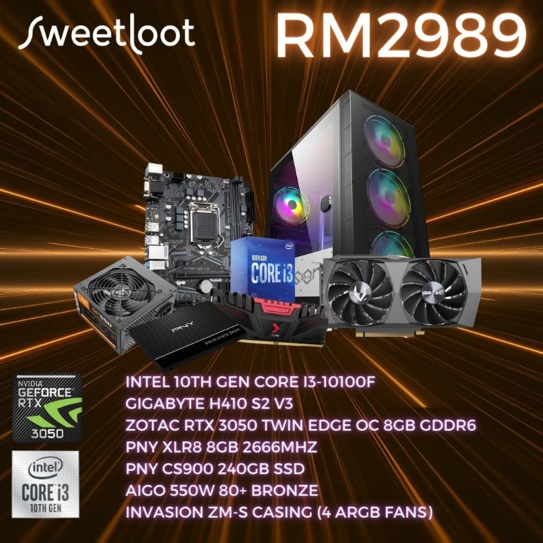 Intel Core i3 10100F RTX 3050 OC 8GB RAM Entry Level Budget PC Gaming  Package